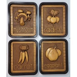 Vtg 1979 Syroco Vegetable Wall Plaques 4pc Mushroom Radish Carrot Eggplant 7567